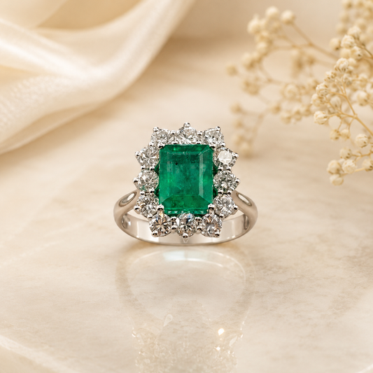 Anello smeraldo 2.70 ct con certificato e diamanti 1.08 G VS oro bianco 18kt