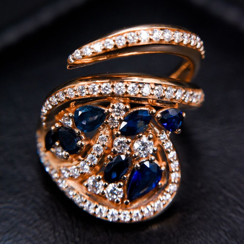 Anello zaffiri 1,15 ct diamanti 0.86 F VVS 12,3 gr oro rosa 18kt