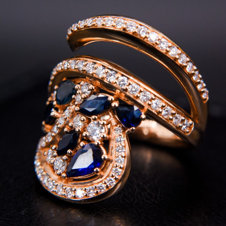 Anello zaffiri 1,15 ct diamanti 0.86 F VVS 12,3 gr oro rosa 18kt